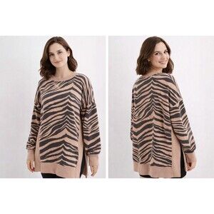 Aerie Zebra Print Terry Sweatshirt Neutral Gray Oversized Side Slit Casual Top M